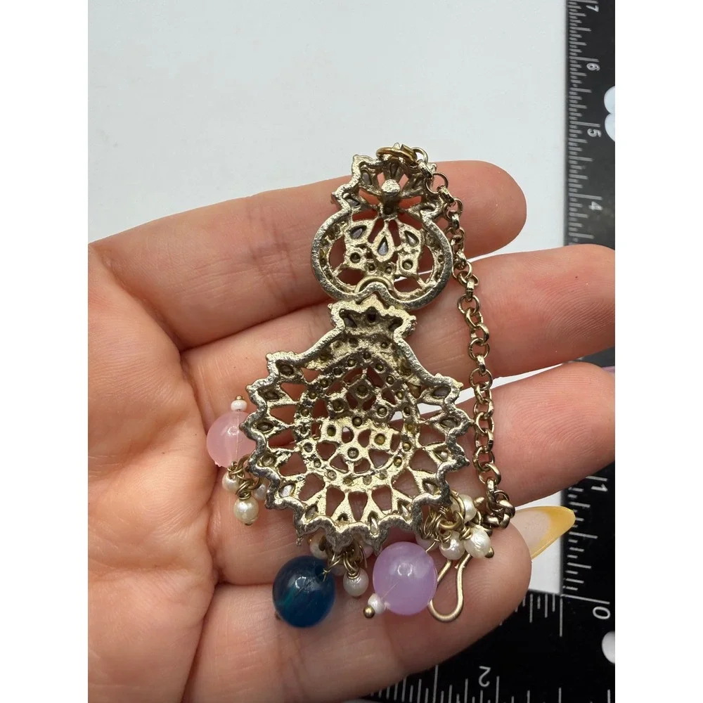 Gold Tone Crystal Maang Tikka‎ Indian Bridal Hair Jewelry Pastel Beads Boho